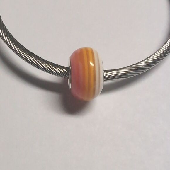 Pink Orange White Striped Charm for Pandora Style Bracelet - Picture 3 of 4